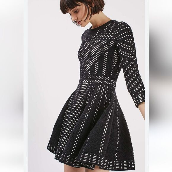 Top Shop Geometric Pattern Fit And Flare Knitted Mini Dress Black White Size US8 - Picture 14 of 14